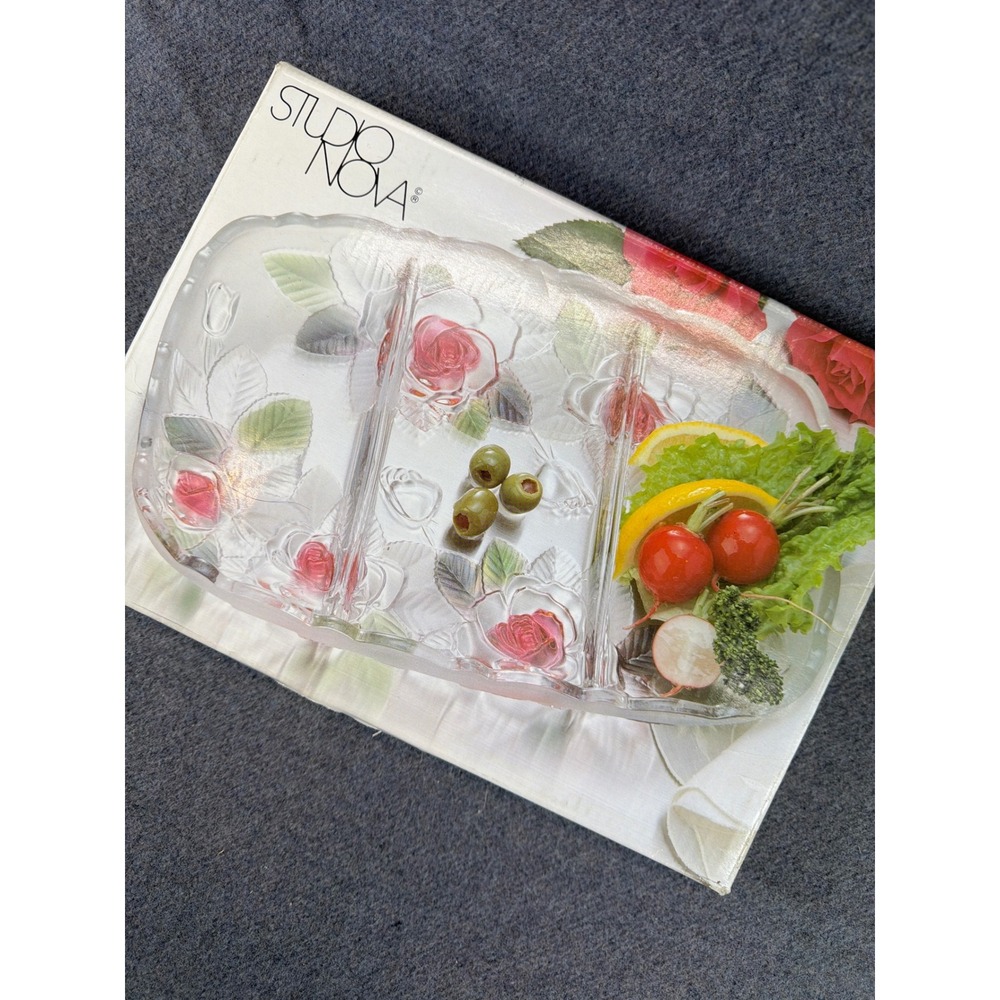 Studio Nova Winter Rose Divided Server Glass‎ Tray Clear Pink Green Floral Japan